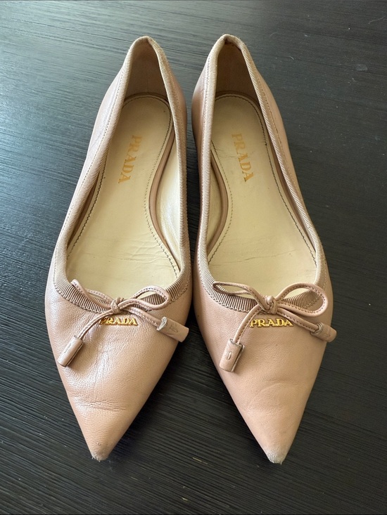 Prada Shoes - Prada Nude Pink Pointed-Toe Leather Ballet Flats with Bow Accent